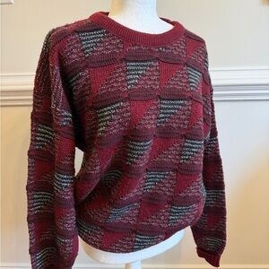 Men’s Vintage Jordache Burgundy and Gray Knit Grandpa Core Sweater Size Medium